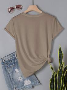 SHEIN EZwear 女士鳄鱼字母印花圆领常规 T 恤 - 卡其色 - 查看 2