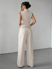 SHEIN PETITE Two Pieces Fall Outfits 2pcs/Set Women Solid Color Sleeveless Top And Pants Fall Clothes - Khaki - View 2