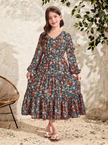 SHEIN Vestido elegante de manga larga con escote en V, cintura ajustada y estampado floral pequeño para niña preadolescente. Vestido de largo midi, color verde, estilo campestre, estilo casual de vacaciones. Conjunto a juego para mamá e hija.