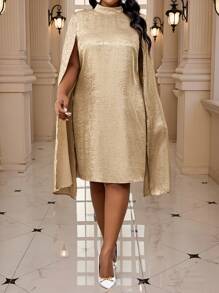 Fleurora 秋冬优雅聚会派对演唱会/音乐节酒会金色针织圆领圆领斗篷袖大码连衣裙 - 金色 - 查看 3