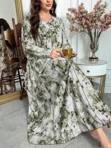 Al Najma 大码女式花卉印花 V 领喇叭袖连衣裙，适合度假，阿拉伯风格朴素优雅的长款卡夫坦 Jalabiya 连衣裙 - 彩色 - 查看 6