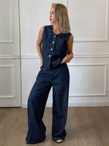 Livesso 女士休闲单排扣条纹牛仔背心和宽松阔腿裤套装 - 深色水洗藍 - 查看 4