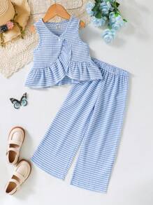 SHEIN 2pcs/Set Young Girls Textured Crinkle Plaid Sleeveless Top With Ruffle Trim Asymmetrical Hem And Wide Leg Pants, Casual Resort Vacation Outfit - Blue - View 6