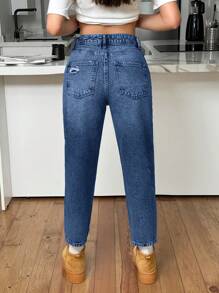 EURMUSE 100% Cotton HIGH RISE MOM CUT RIPPED WOMEN JEAN - Dark Wash - View 2