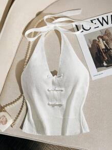 SHEIN Unity Blusa de punto elegante para mujer de unicolor con cuello halter y espalda descubierta con botones - Blanco - Ver 1