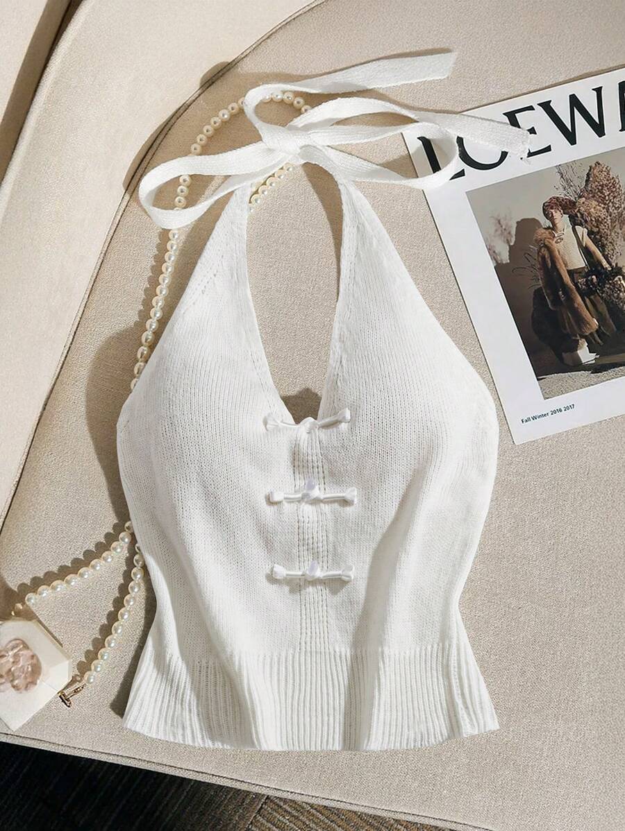 SHEIN Unity Blusa de punto elegante para mujer de unicolor con cuello halter y espalda descubierta con botones - Blanco - Ver 1