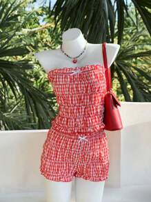 Comfortcana Ensemble pour femme top brassière à carreaux rouges et shorts
