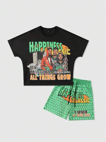 Street Life 2 pièces/Set T-shirt casual à manches courtes à col rond imprimé lettre et caractère et short taille cordon pour hommes