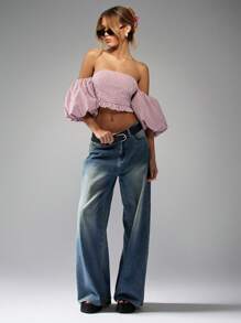 MISSGUIDED Puff Sleeve Gingham Crop Top Off Shoulder Ruffle Hem Bardot Summer Festival Trending Fashion Statement Piece Lightweight Vacation Holiday