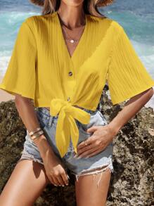 SHEIN VCAY 女士纯色单排扣短袖打结下摆短款衬衫 - 黃色 - 查看 6