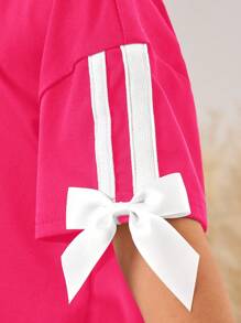 Conjunto de 2 piezas de camiseta suelta de punto de cuello redondo de unicolor y pantalones de pierna ancha para niña joven - Rosa Fucsia - Ver 2