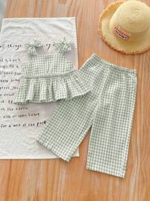 SHEIN LMoss Kids 女婴夏季可爱条纹吊带背心和松紧腰裤两件套