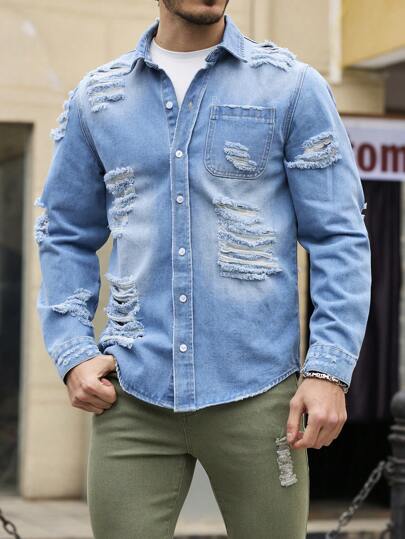 Manfinity Homme Men's Casual Slim Fit Blue Denim Jacket, Summer