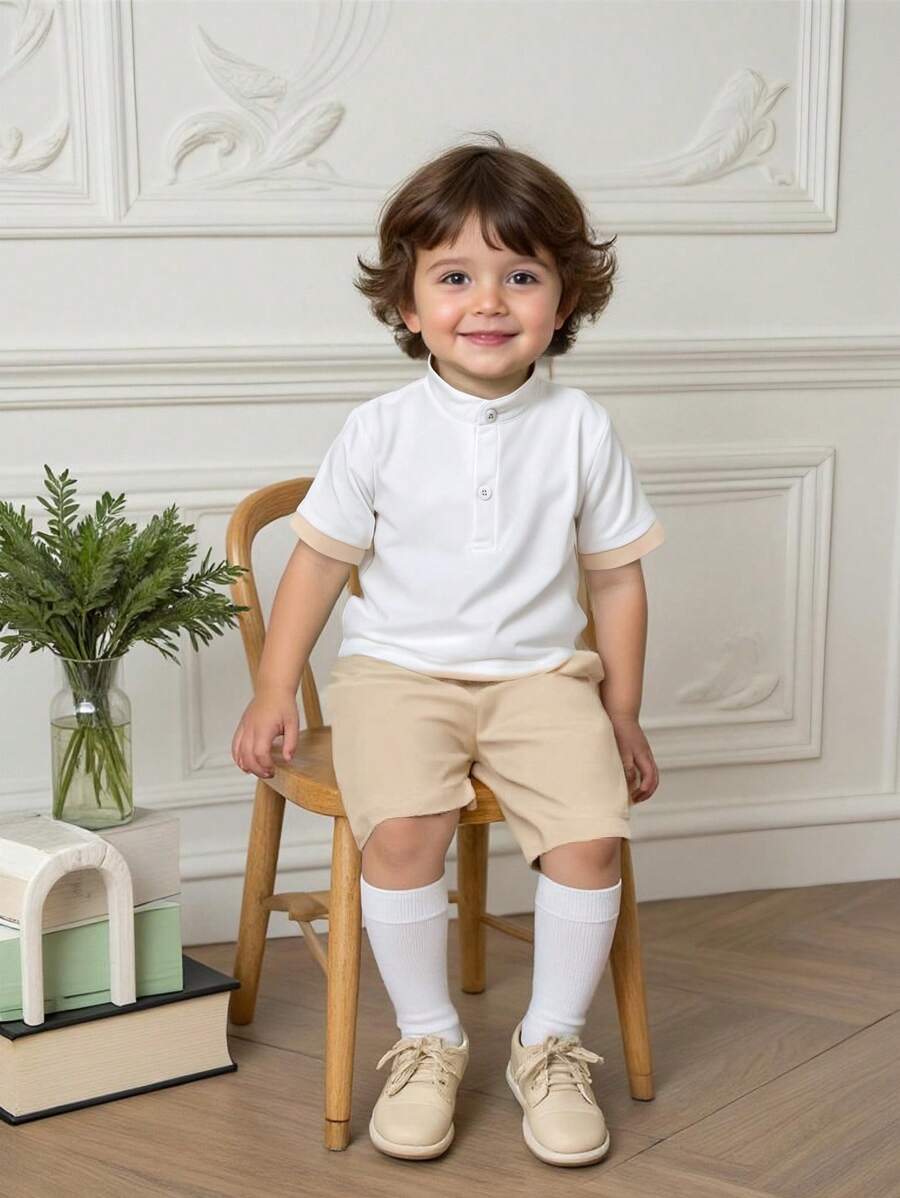 SHEIN 2 pièces/Set Polo Shirt Pull-over Manches Courtes Tissé Casual Extérieur T-Shirt + Short de Sport Ample Couleur Unie Convenant aux Garçons au Printemps et à l'Automne - Multicolore - Voir 1
