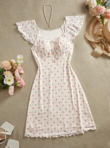 SHEIN VCAY Knit Mesh Print Square Collar Fitted Mini Dress For Women - Apricot - View 1