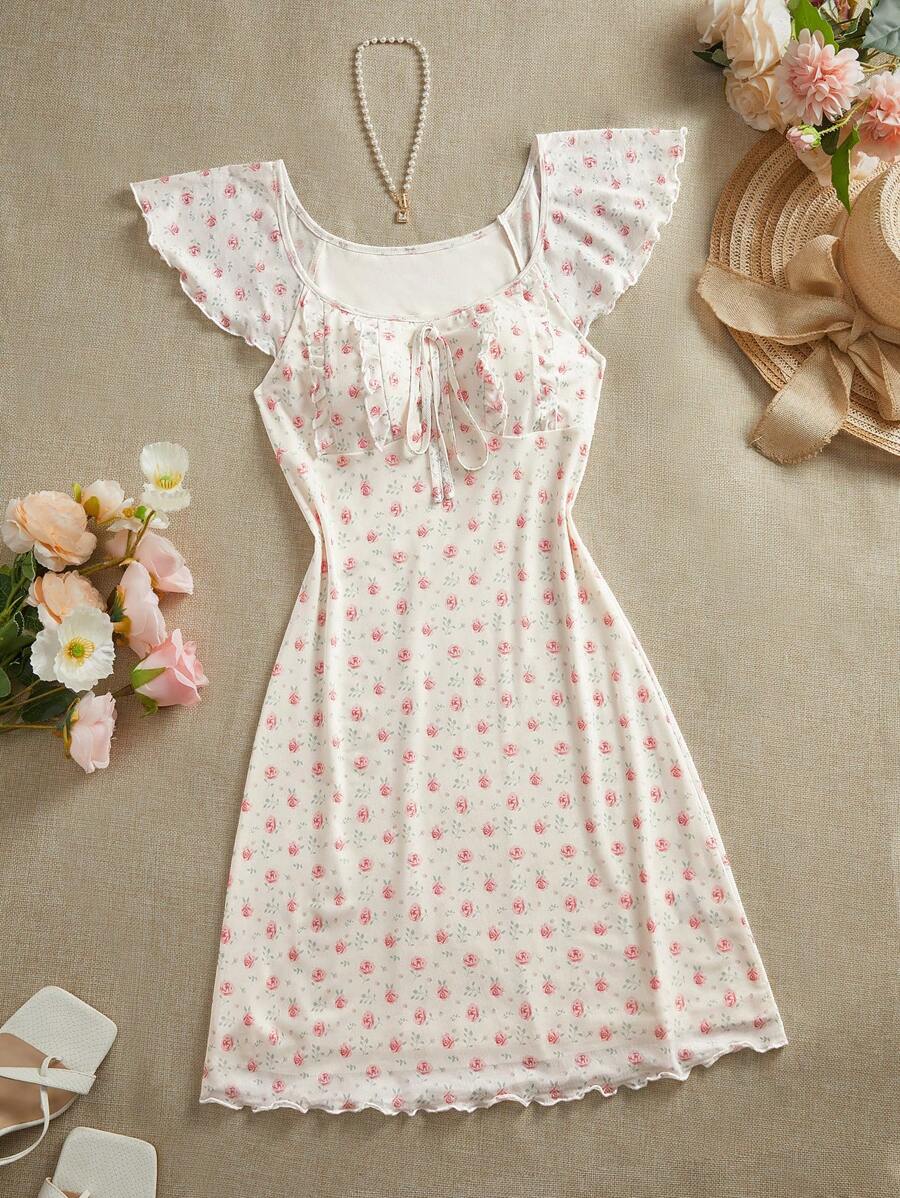 SHEIN VCAY Knit Mesh Print Square Collar Fitted Mini Dress For Women - Apricot - View 1