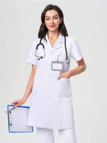 Scrubzie 短袖衬衫领多口袋女士实验室外套/白大褂