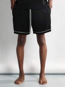 SUMWON 奢华运动休闲针织家居服套装，滚边撞色细节，夏季睡衣，家居服 - 黑色 - 查看 4