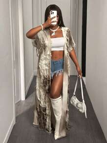 BamGleam Fringe Texture Exaggerated Fashion Coat - Khaki - View 4