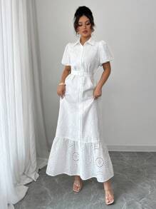 Rafferiza 法式优雅通勤纯色翻领单排扣穿孔印花图案灯笼袖系带女式连衣裙 - 白色 - 查看 4