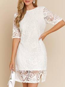 SHEIN Clasi Váy ren hở lưng xẻ tà dành cho nữ, thích hợp cho khách dự tiệc cưới - trắng - Xem 2