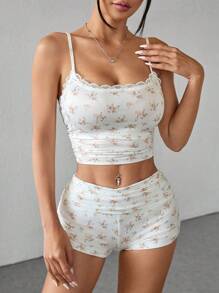 SHEIN PETITE 女款夏季休閒碎花抓皺修身細肩帶迷你短褲兩件套，適合嬌小女性 - 白色 - 查看 8
