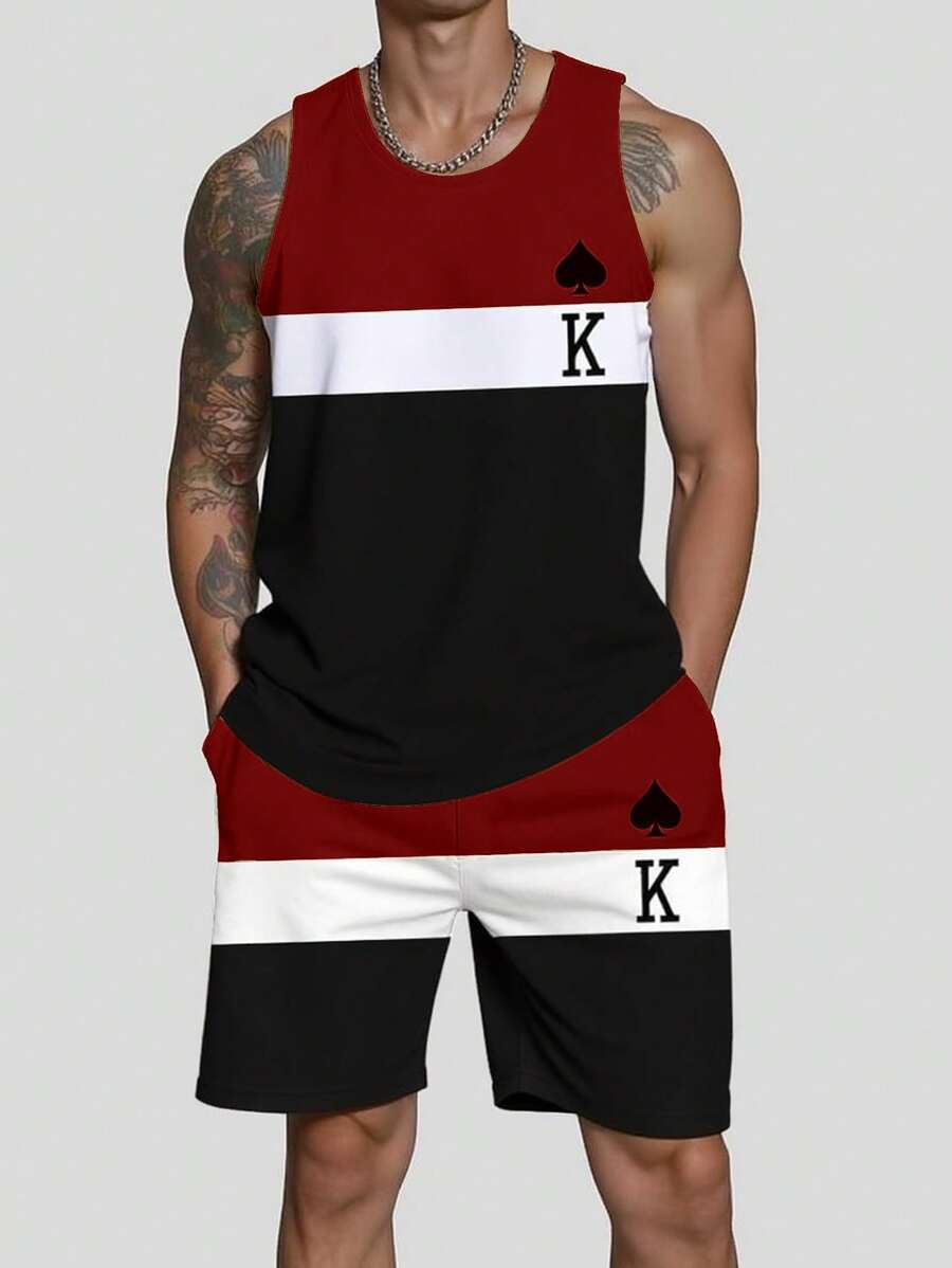 Manfinity Homme 2pcs/Set Patchwork Design Top & Shorts, Casual & Fashionable Summer Outfit - Multicolor - View 1