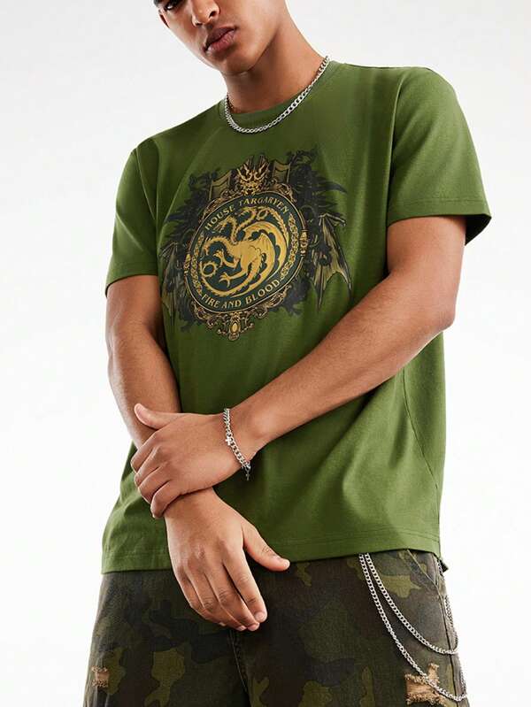 Game of Thrones X SHEIN Men's Casual Targaryen Graphic Short Sleeve T-Shirt, Summer