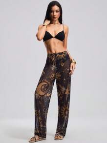 SHEIN Swim Women Moon & Star Print Long Pants & Coverall - Black - View 4