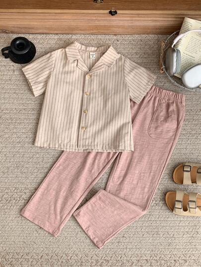 Blossori 男童法式优雅咖啡色条纹梭织衬衫和针织裤两件套，春夏