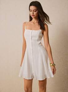Poéselle Vestido mini estilo línea-A con botones encantadores en color blanco - Perfecto para días soleados y salidas casuales, vestidos de línea-A para mujeres, vestidos de verano para mujeres, vestidos blancos, vestidos para playa de mujeres, vestidos casuales de día, vestidos ligeros de día, vestidos mini con top de tirantes, vestido de verano, vestidos de verano para mujeres, vestido de graduación blanco