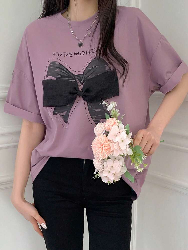 Women Round Neck Short Sleeve T-Shirt With Bow Decoration Cute Tops,Graphic Tees