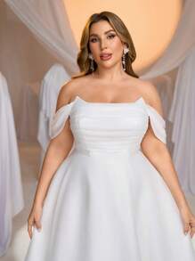 Glamrae Plus Size Elegant Romantic White Off Shoulder Draped Organza A-Line Wedding Guest/Party Dress, Little White Dress, Bride - White - View 2
