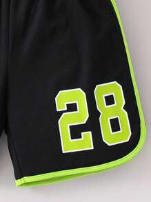 SHEIN 2pcs/Set Young Boy Letter Print Trim Crew Neck Top And Shorts Set