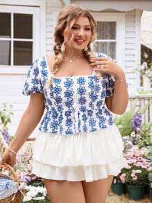 SHEIN VCAY Plus Size White Base Blue Floral Embroidered Bishop Sleeve Square Collar Blouse Cute Summer Tops Embroidery Summer For Women Spring Easter Women Festival Rave Elegant Vacation Woman Casual Boho Graduation Brunch For Women Wedding Guest Women Bohemia Concert Women Country Concert Beach Vacation - Multicolor - View 6