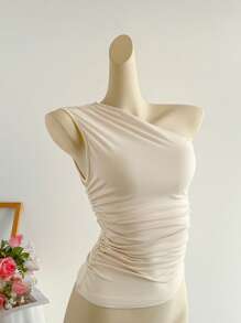 Elamini Women's Apricot Color Ruched Asymmetric Shoulder Fitted Top, Fashionable Casual Elegant Versatile, Spring/Summer - Apricot - View 3