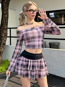 SHEIN 2pcs Set Teen Girls Casual Striped Off Shoulder Cropped T-Shirt And Colorblock Mini Skirt - Black - View 4