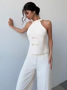 Firerie Valentinstag Neuer, einfacher, eleganter, vintage, moderner, lässiger/Büro Aprikosenfarben Halter-Rückenfreie Schleife Bluse & High-Waist weite Bein Hosen 2-teiliges Outfit dezent - Aprikosenfarben - Übersicht 5