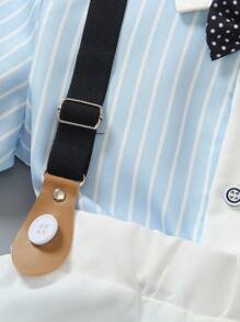 Young Boy Blue & White Striped Short Sleeve Shirt With Polka Dot Bowtie, Paired With White Shorts & Suspenders, Fashion Outfit Suitable For Birthday Party, Wedding, Celebration - Multicolor - View 5