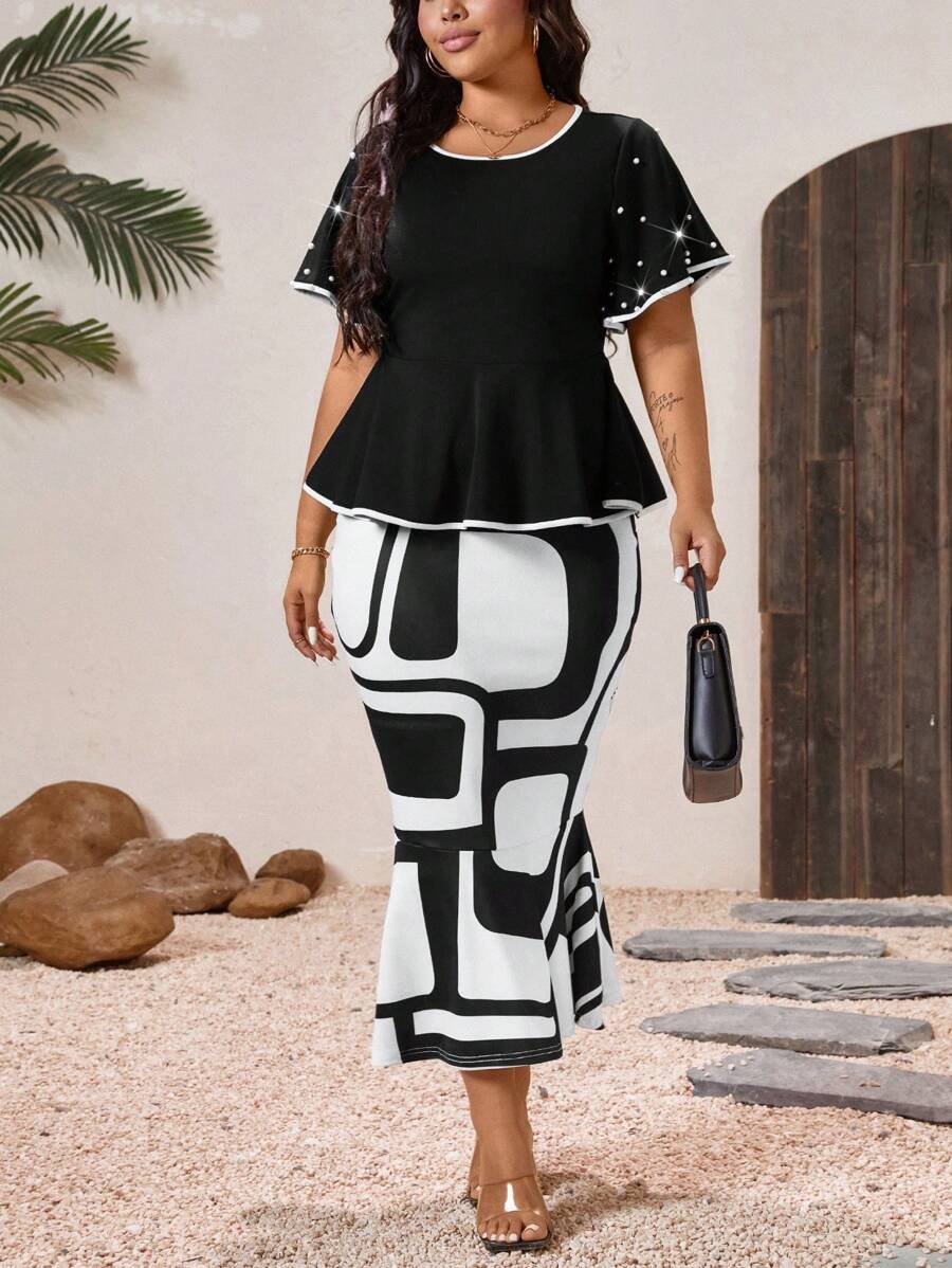 SHEIN Clasi 加大码优雅荷叶边下摆勃艮第红两件套针织连衣裙