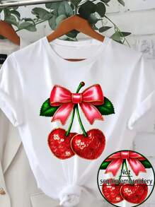Flirla Plus Size Women Cherry Print Round Neck Short Sleeve Casual T-Shirt - White - View 3