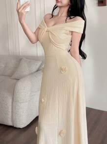 Feyla 女士优雅纯色扭结3D花卉装饰连衣裙女士礼服夏季女士连衣裙 - 杏色 - 查看 3