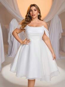 Glamrae Plus Size Elegant Romantic White Off Shoulder Draped Organza A-Line Wedding Guest/Party Dress, Little White Dress, Bride - White - View 3