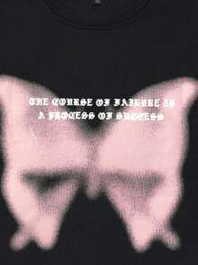 ROMWE MEN Street Life Men Cotton Slogan Butterfly Graphic Y2k T-Shirt, School - Black - View 5