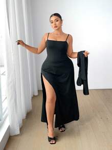Flirla 2pcs Plus Size Knitted Outfit - Fitted High Slit Cami Dress And Short Sleeve Cardigan, Spring/Summer - Black - View 3