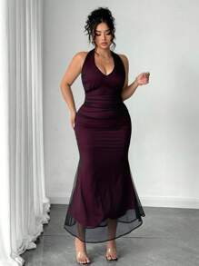 SHEIN PETITE 网眼双层吊带长款修身鱼尾连衣裙，优雅大码和娇小女性，夏季