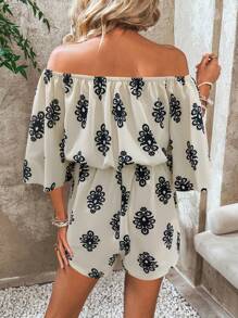 Breezaya 全身印花露肩荷叶边袖系带连体衣