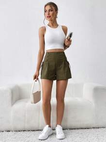SHEIN Essnce Pantalones cortos de verano casuales de mujer hechos de algodón y lino con nudo lateral en forma de A