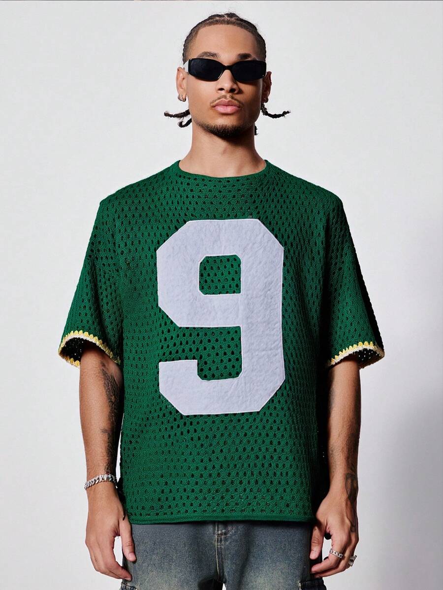 Manfinity EMRG 男士休闲镂空数字图案圆领短袖针织毛衣