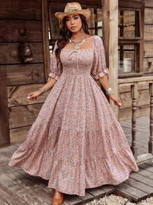 Ceyna 大码女式波西米亚风复古方领浪漫碎花多层连衣裙，适合节日 - 彩色 - 查看 3